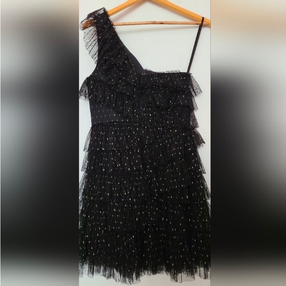 BCBGMaxAzria One Shoulder Black and Gold Tulle Dress - Picture 6 of 13